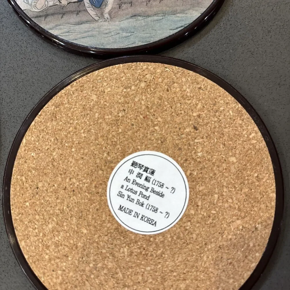 Six Korean Coaster Set With Sin Yun Bok Art Detailed Korean Scenes Laminate Cork